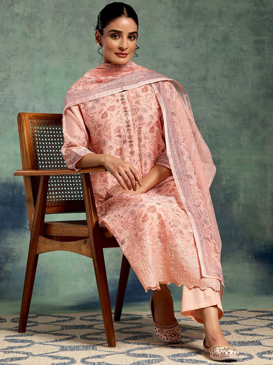 Women Floral Printed Chanderi Silk Straight Kurta With Trousers And Dupatta