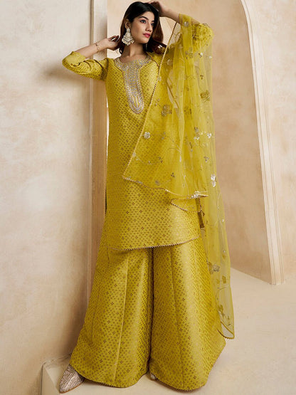 Dhiyona IN Mustard Gotta Patti Straight Kurta & Sharara With Dupatta