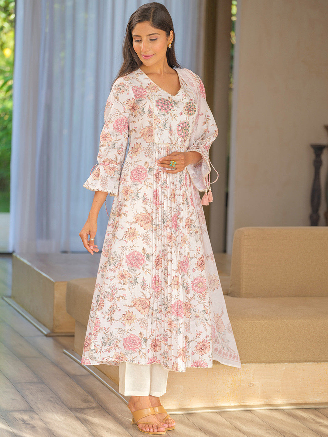 Floral Printed V Neck Pleated A-Line Kurta With Trousers & Dupatta