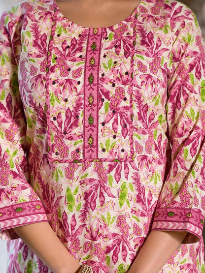 Dhiyona KL Floral Printed Regular Mirror Work Pure Cotton Kurta ,Trousers & Dupatta