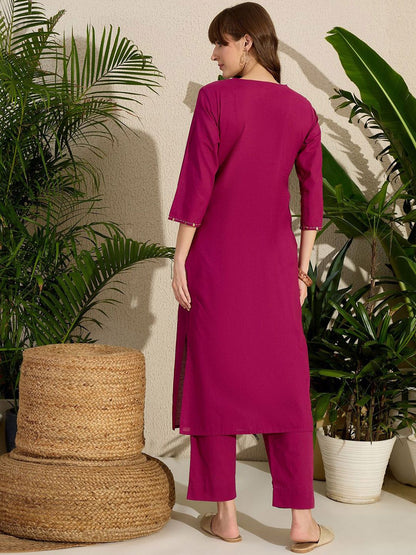 Dhiyona IE Women's Women Embroidered Regular Pure Cotton Kurta with Trousers