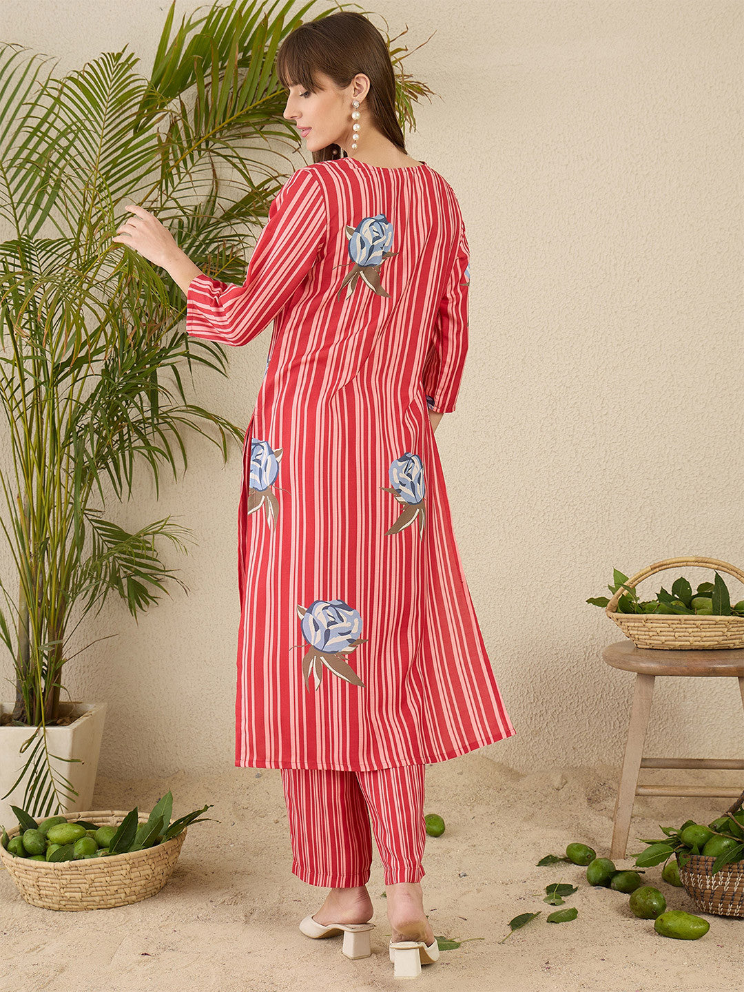 Women Solid V-Neck Regular Kurta with Trousers
