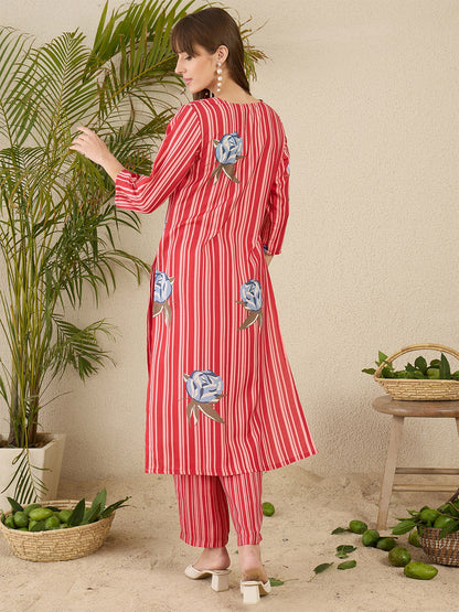 Women Solid V-Neck Regular Kurta with Trousers