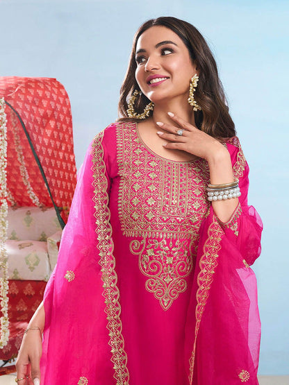 Dhiyona IN Floral Embroidered Round Neck Sequinned Anarkali Kurta With Palazzos & Dupatta