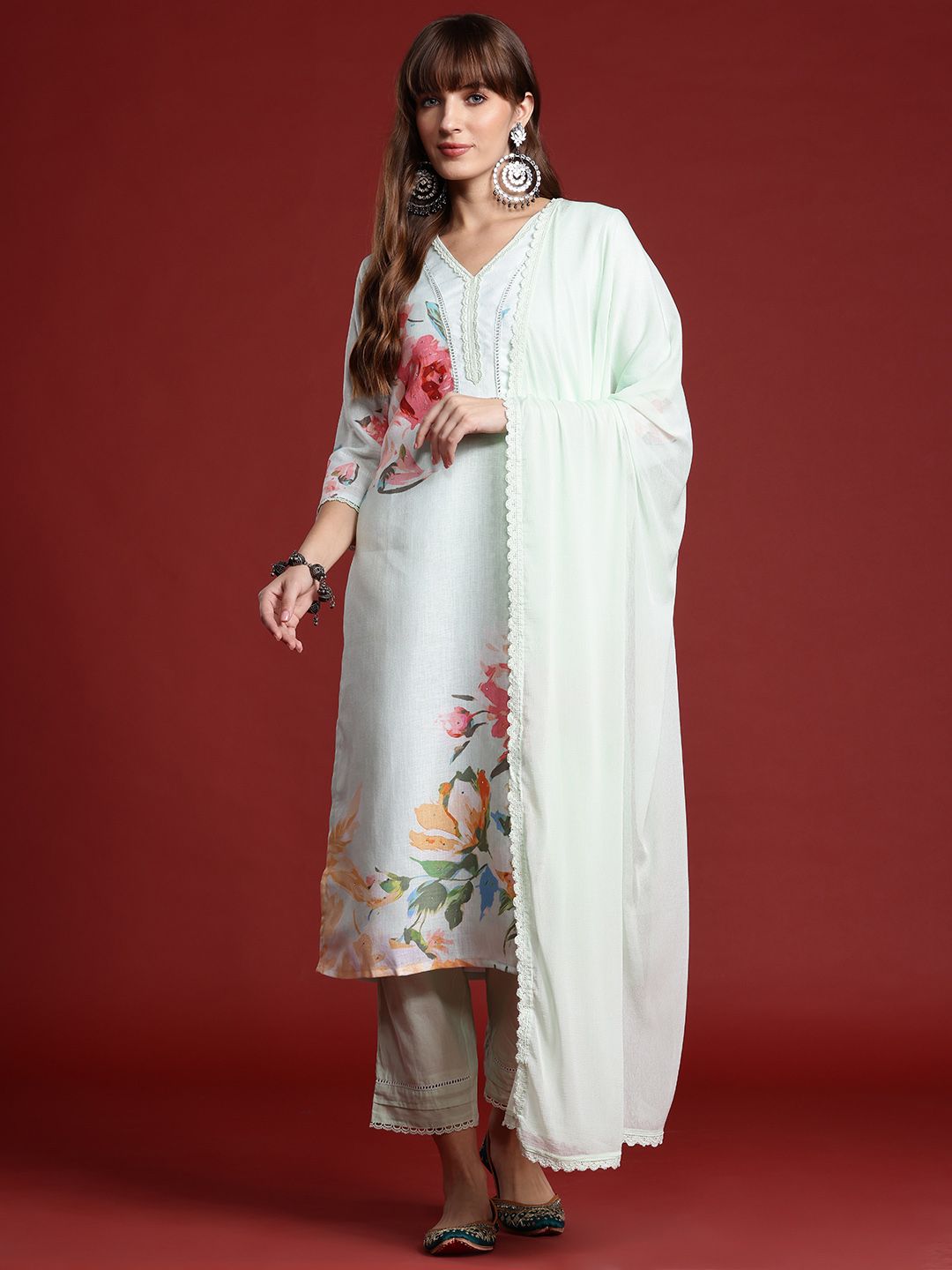 Dhiyona IE Floral Printed Linen Kurta With Trousers & Dupatta