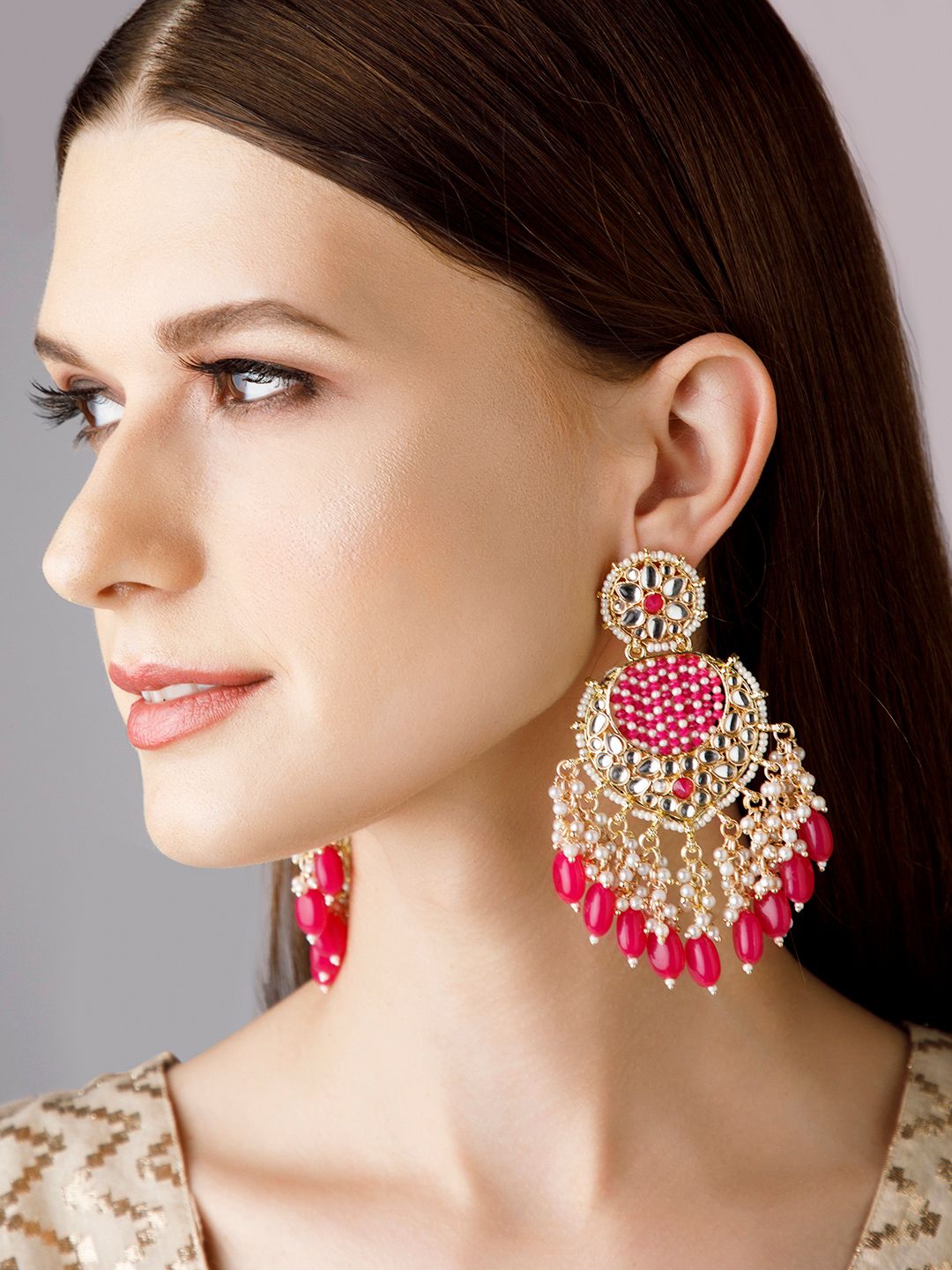 Dhiyona RJ Women's 18K Gold Plated Handcrafted Kundan & Beaded Chandelier with Red and Pearl Accents