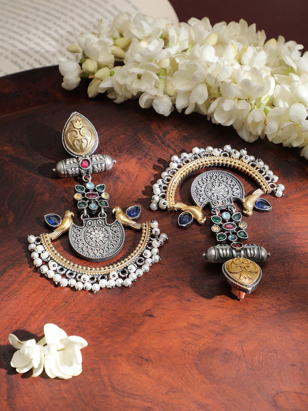 Dhiyona RJ Women's Dual-Tone Oxidised Silver & Gold Plated Bird Motif Chandbali with Pearl Beaded Drop