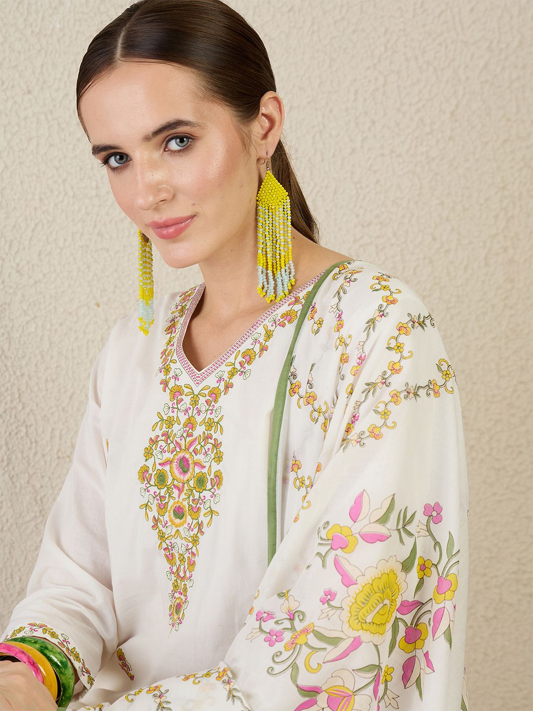 Dhiyona IE Floral Printed V-Neck Pure Cotton Straight Kurta With Trouser & Dupatta