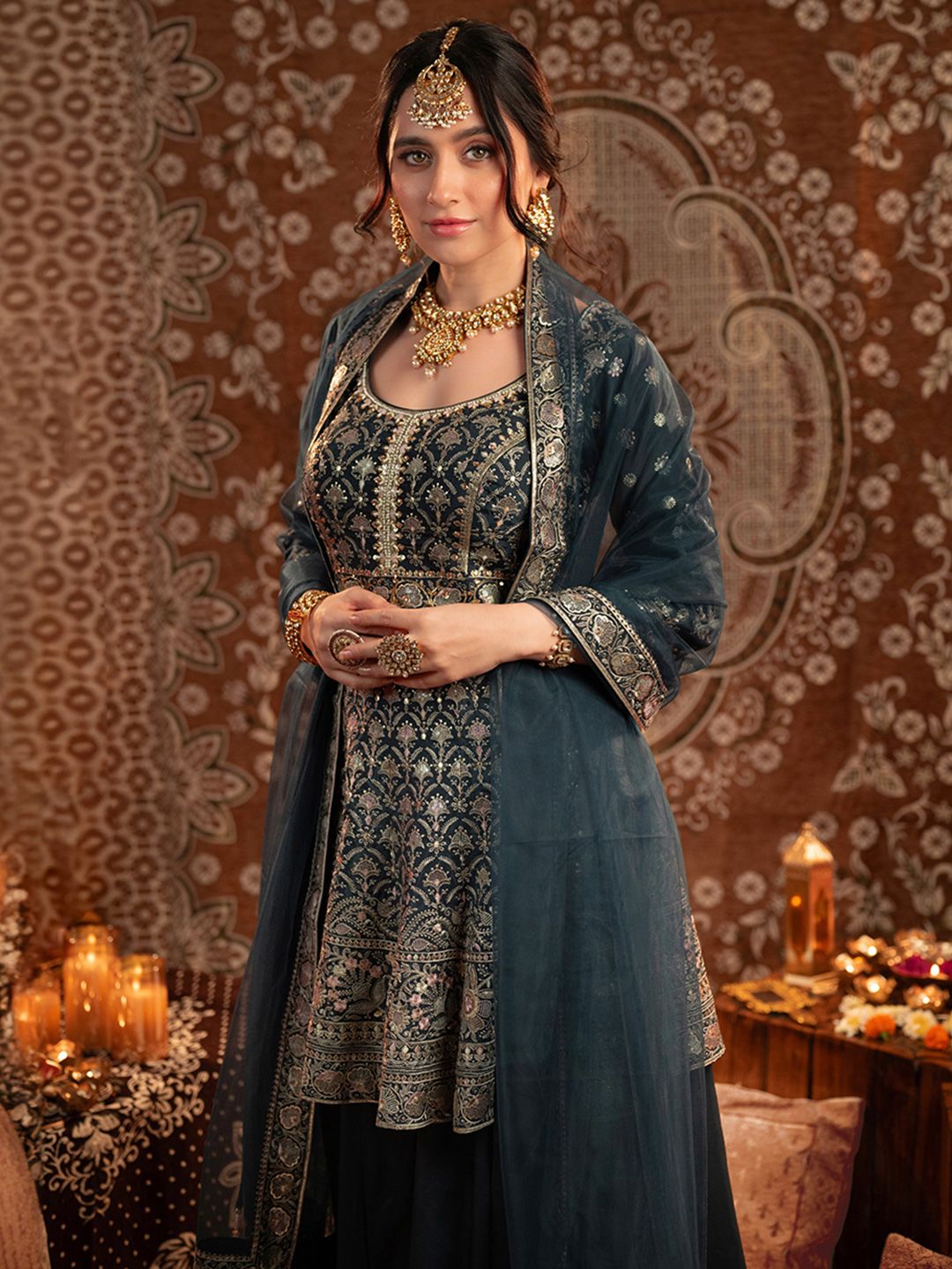 Dhiyona LL Womens Blue Embroidered Silk Anarkali Kurti With Palazzos & Dupatta