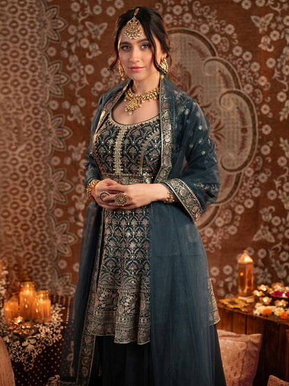 Dhiyona LL Womens Blue Embroidered Silk Anarkali Kurti With Palazzos & Dupatta