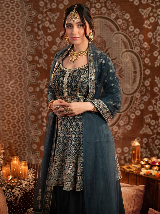 Dhiyona LL Womens Blue Embroidered Silk Anarkali Kurti With Palazzos & Dupatta