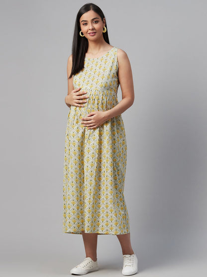Dhiyona AY Women's Green & Yellow Printed A-Line Layered Maternity Dress