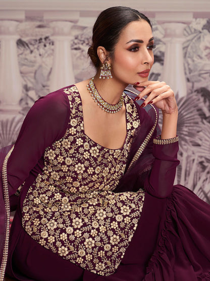 Dhiyona IN Floral Embroidered Square Neck Long Sleeve Sequinned Kurta Set With Dupatta