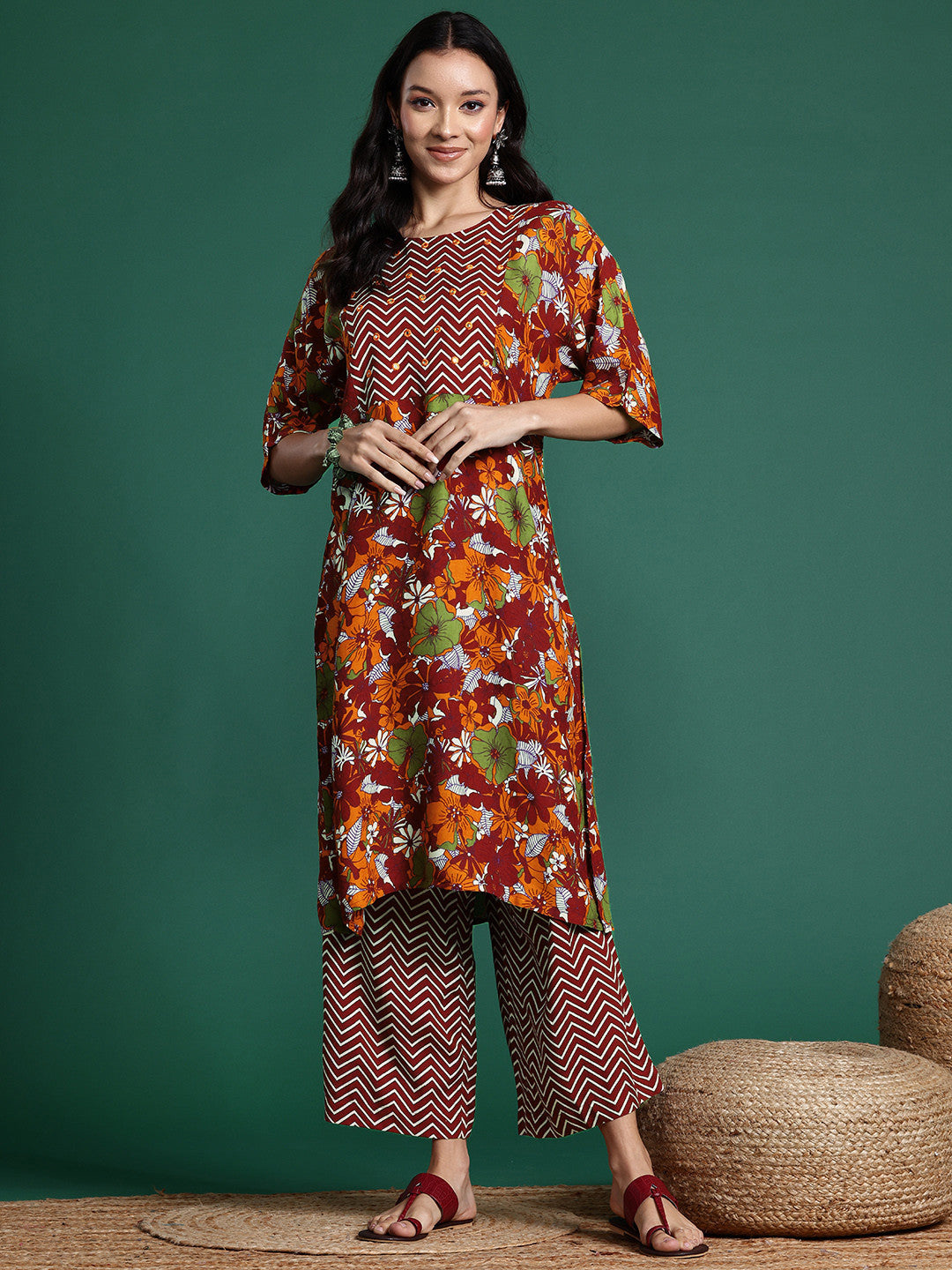 Floral Printed Regular Mirror Work Kurta with Palazzos