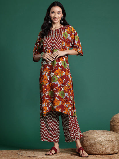Floral Printed Regular Mirror Work Kurta with Palazzos