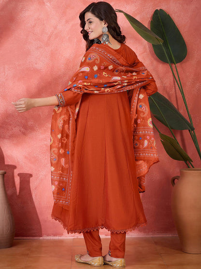 Floral Yoke Design Panelled Thread Work Anarkali Kurta With Trouser & Dupatta