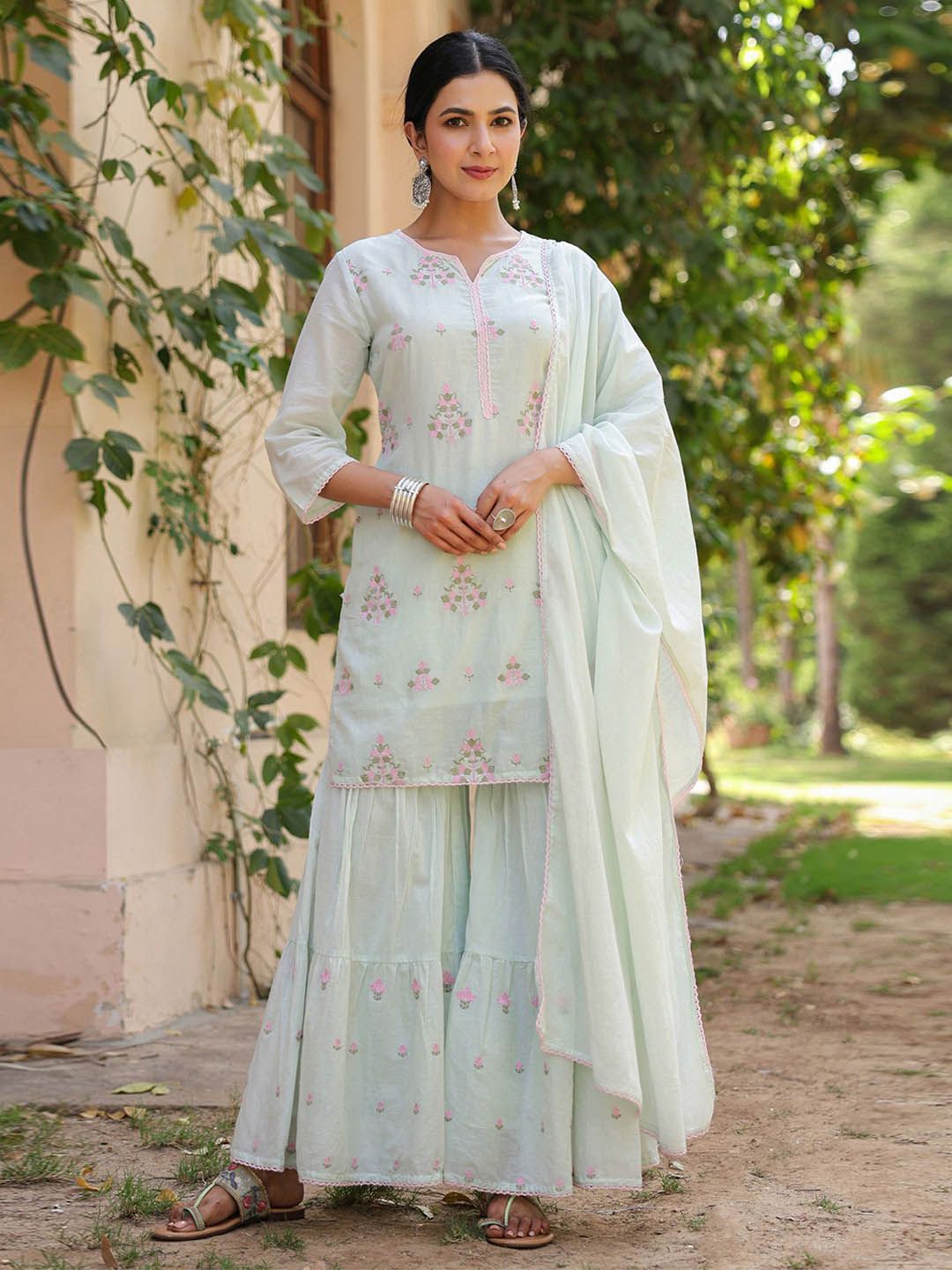 Dhiyona SC Women Solid Embroidered Cotton Kurti with Sharara & Dupatta