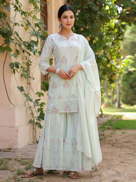 Dhiyona SC Women Solid Embroidered Cotton Kurti with Sharara & Dupatta
