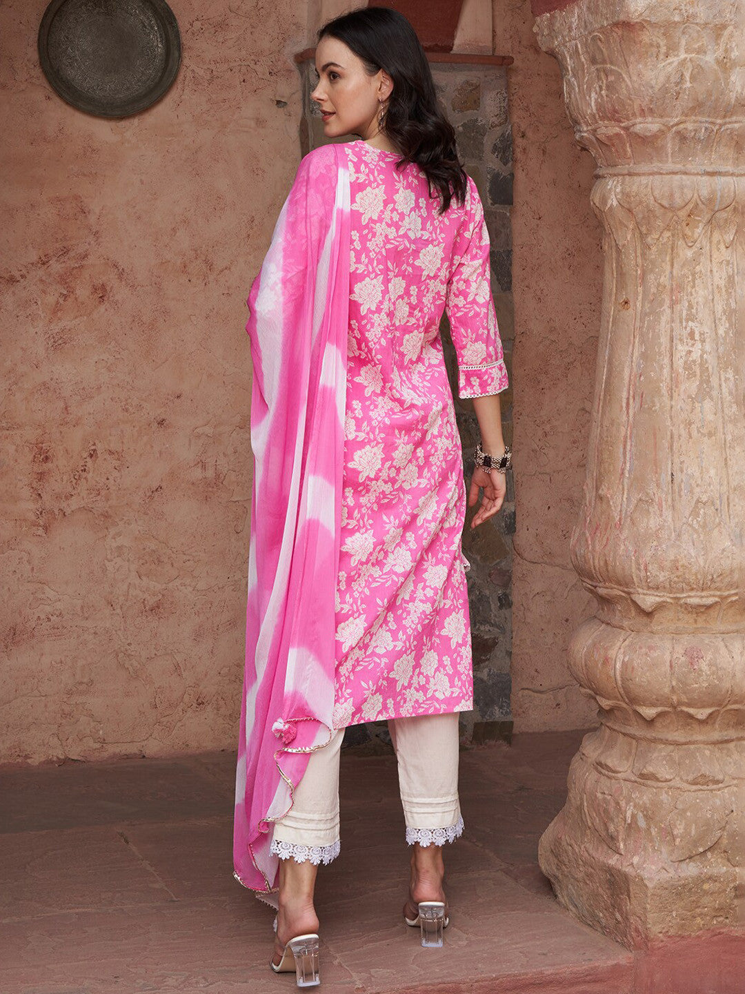 Floral Printed Pure-Cotton Kurta With Trouser & Dupatta
