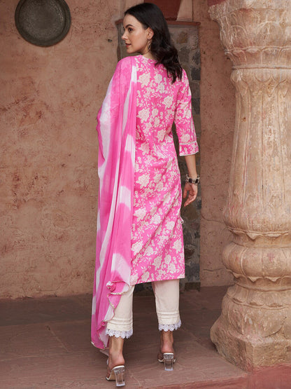 Floral Printed Pure-Cotton Kurta With Trouser & Dupatta