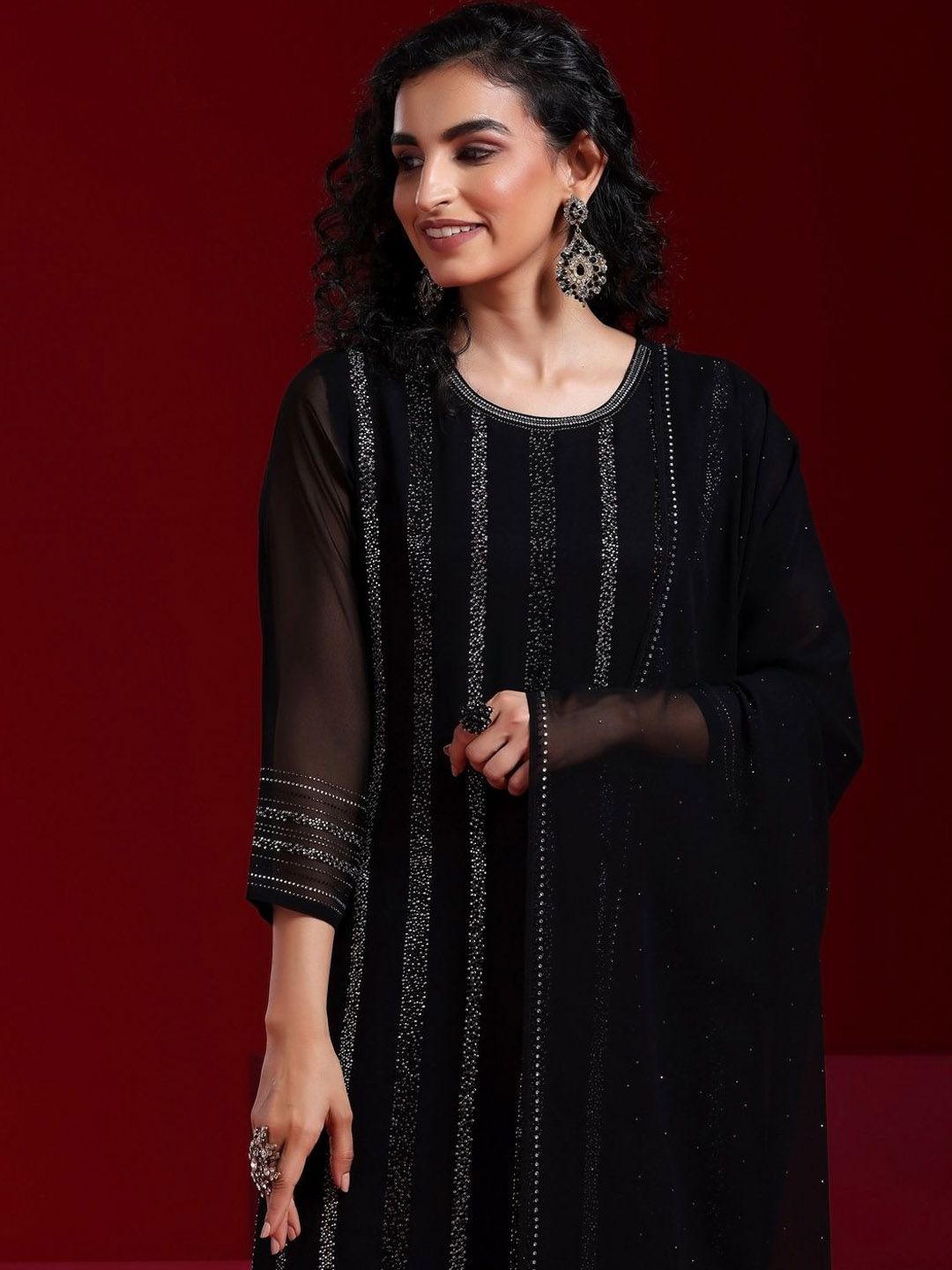 Dhiyona LL Striped Regular Beads and Stones Kurta with Palazzos & Dupatta