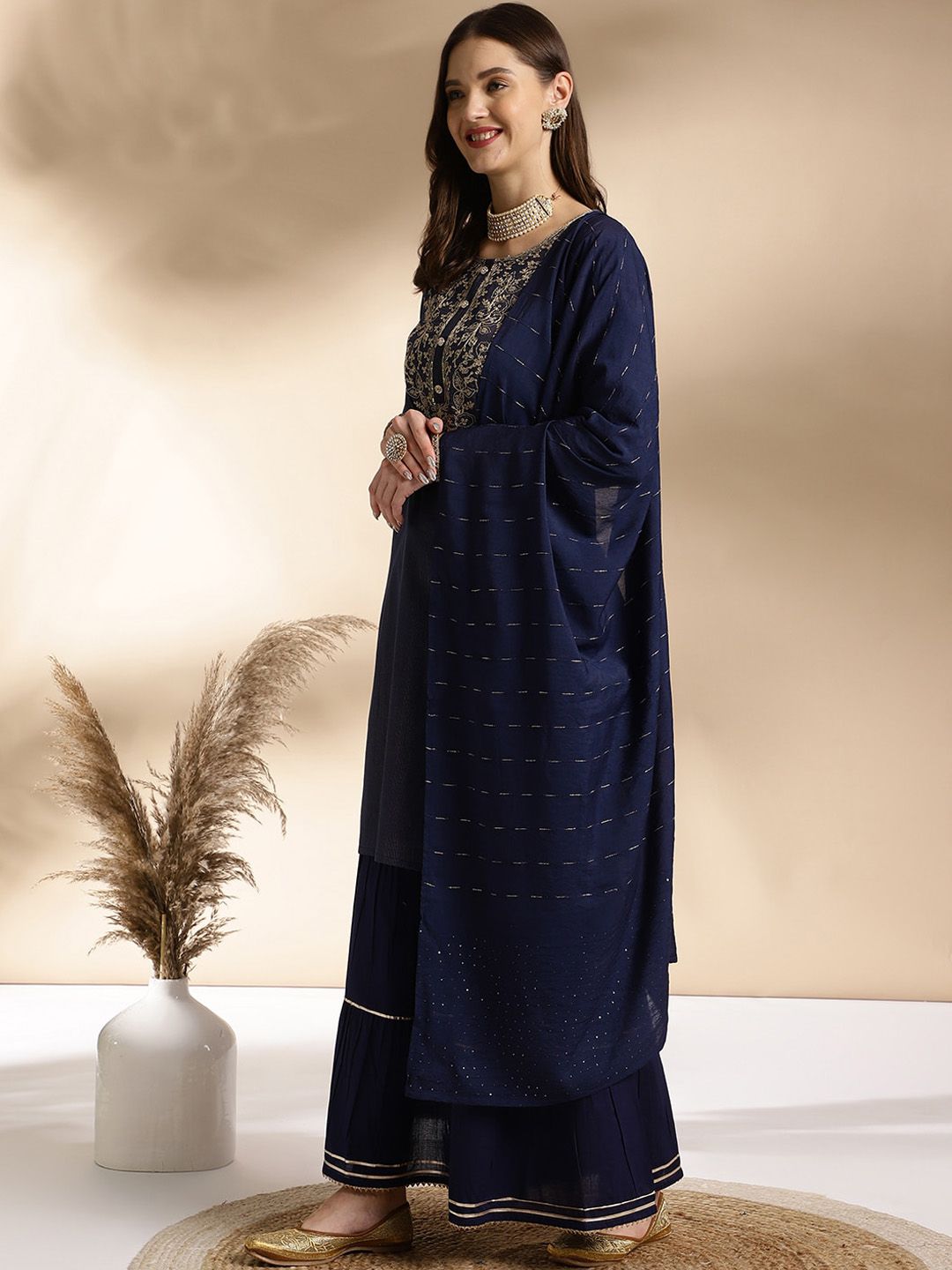 Dhiyona AN Ethnic Motifs Embroidered Round Neck Straight Kurta with Sharara & Dupatta