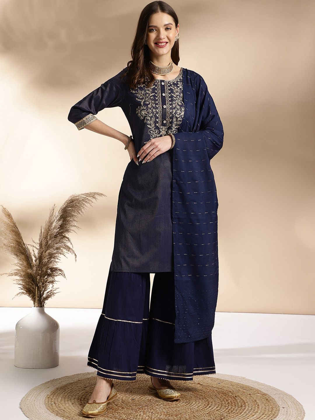 Dhiyona AN Ethnic Motifs Embroidered Round Neck Straight Kurta with Sharara & Dupatta