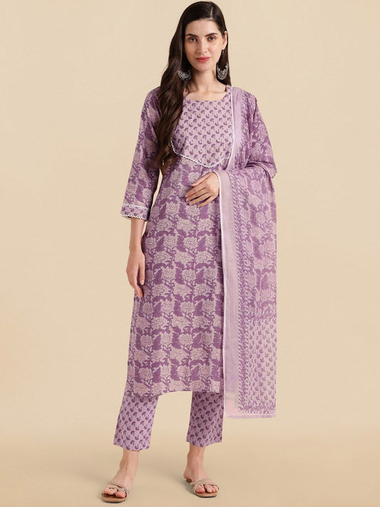 Dhiyona KL Floral Printed Thread Work Pure Cotton Kurta with Trousers & Dupatta