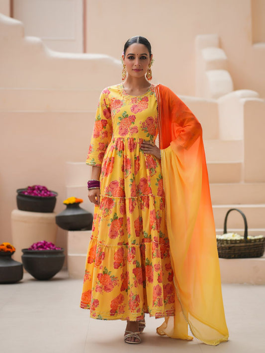 Dhiyona RR Women's Floral Printed Sequinned Pure Cotton Anarkali Kurta with Trousers & Dupatta