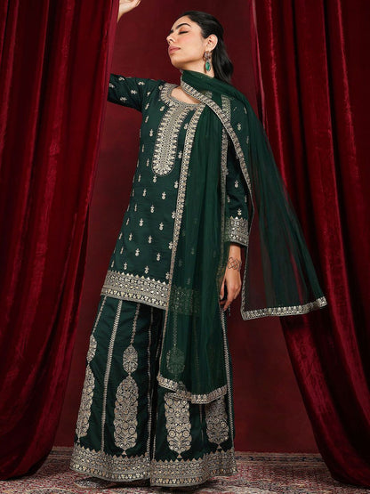 Dhiyona LL Sequinnce Embellished Round Neck Kurta Straight Kurta With Palazzos & Dupatta