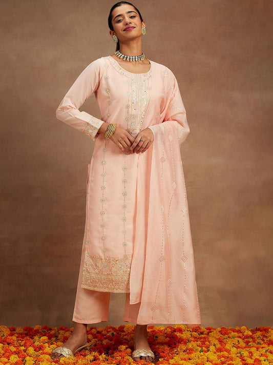 Floral Embroidered Thread Work Pure Silk Kurta With Trousers & Dupatta