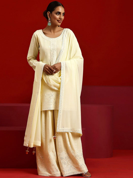 Dhiyona LL Ethnic Motifs Embroidered Round Neck Sequinned Kurta with Palazzos & Dupatta