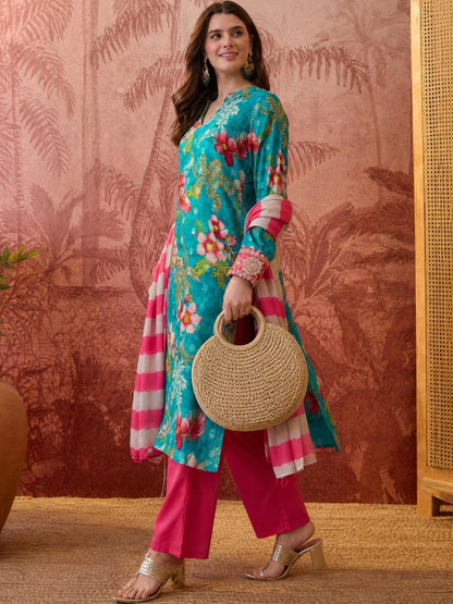 Women Floral Printed Regular Thread Work Kurta with Palazzos & With Dupatta