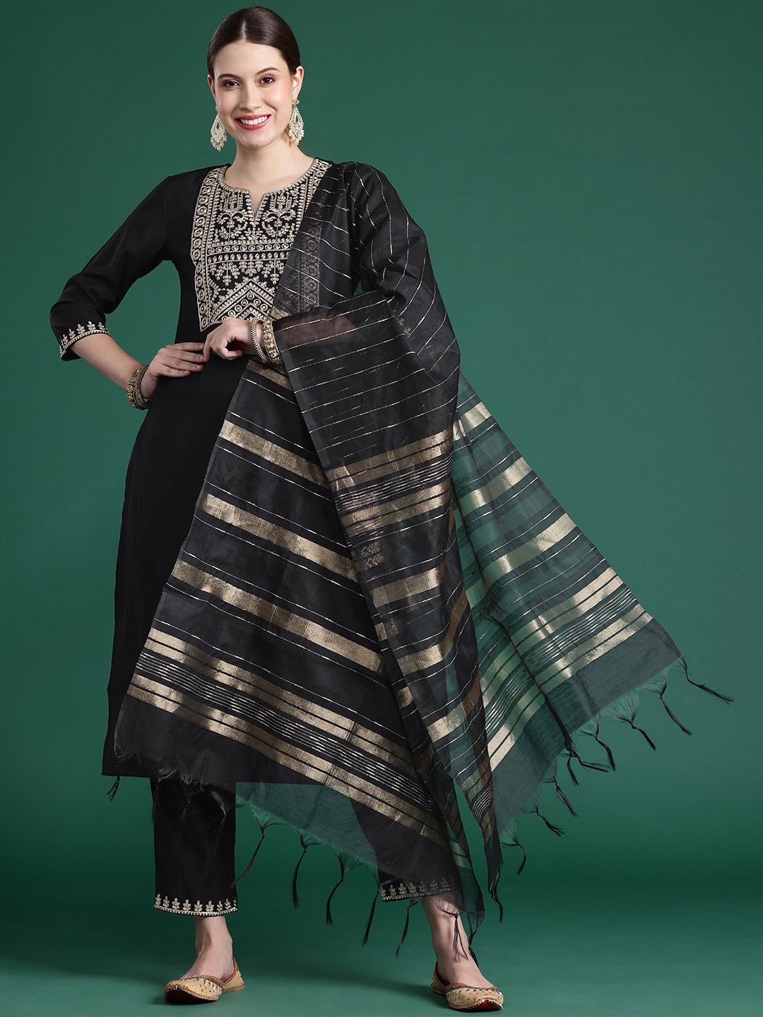 Yoke Design Zari Liva Kurta With Trousers & Dupatta