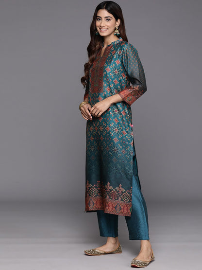Dhiyona VA Women'sFloral Printed Mandarin Collar Chanderi Silk Straight Kurta with Trouser & Dupatta