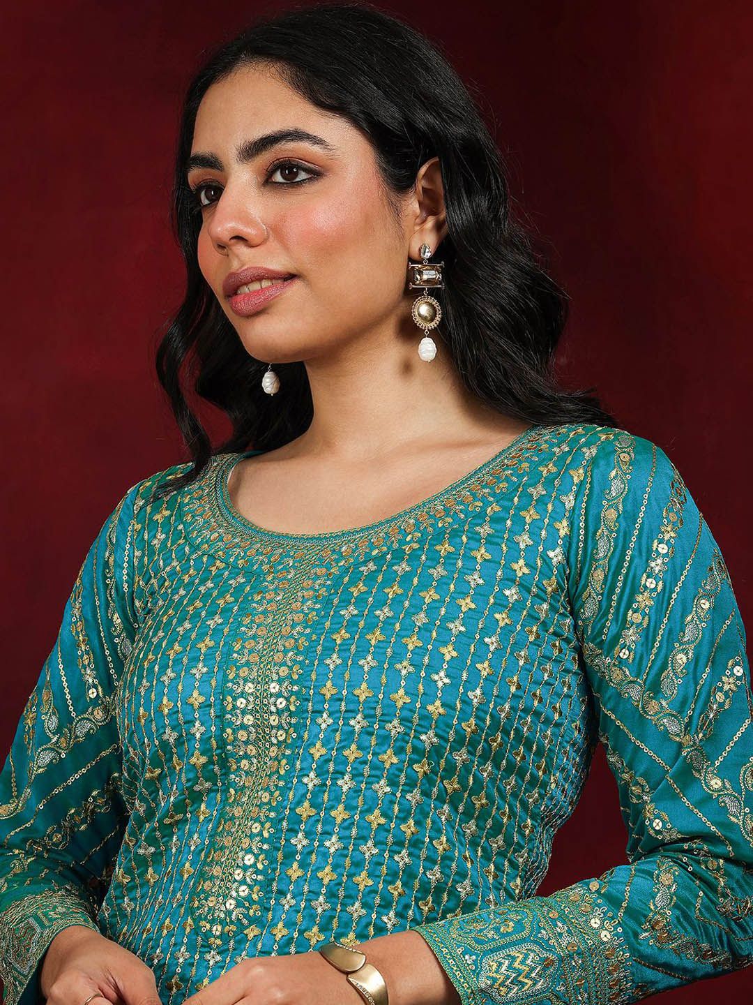 Dhiyona LL Sequinnce Embellished Round Neck Kurta with Palazzos & Dupatta