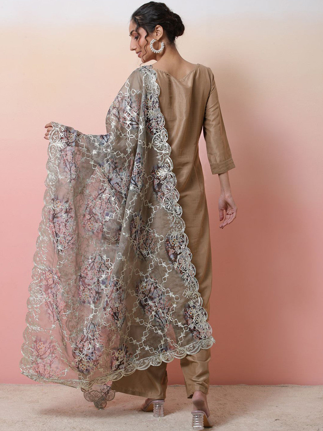 Striped Embroidered Boat Neck Sequinned Straight Kurta With Palazzo & Dupatta