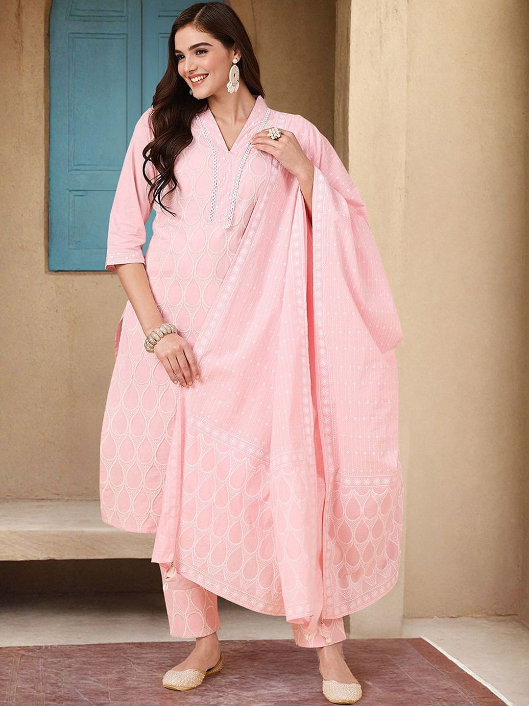 Dhiyona IS Women's Floral Embroidered V-neck Pure Cotton Kurta With Trousers & Dupatta