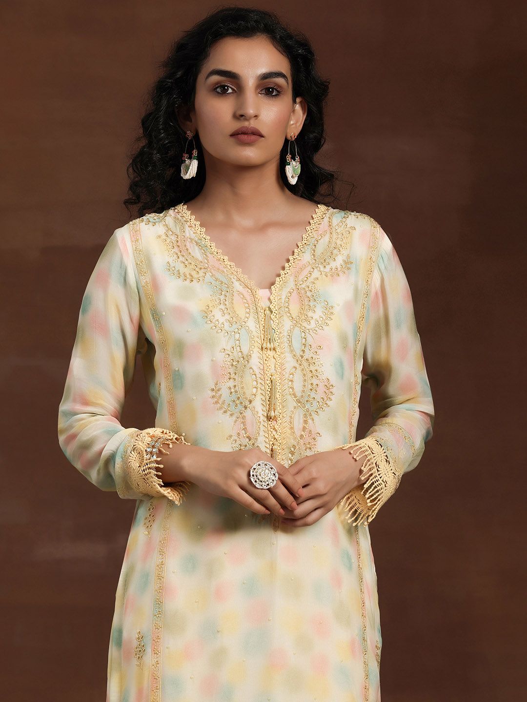 Dhiyona LL Yellow Floral Printed V-Nek Beads and Stones Straight Kurta with Palazzos & Dupatta