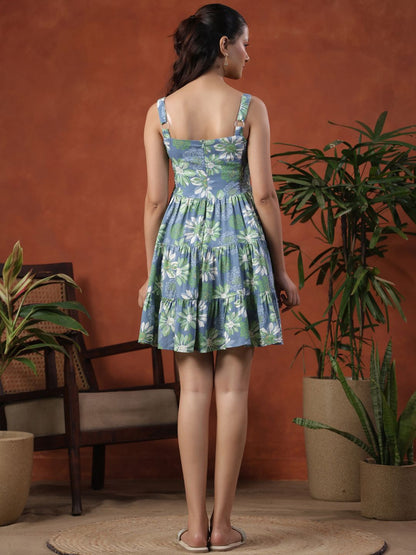 Dhiyona AY Women's Floral Print Shoulder Straps Smocked Tiered Fit & Flare Dress