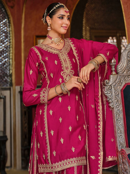 Adults-Women Woven Design Embroidered Kurta with Palazzos & Dupatta