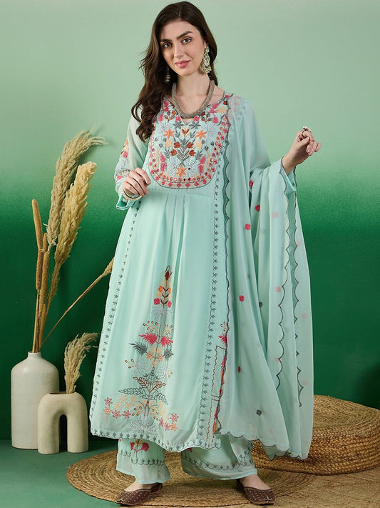 Dhiyona KL Women Floral Embroidered Regular Thread Work Kurta Set With Dupatta