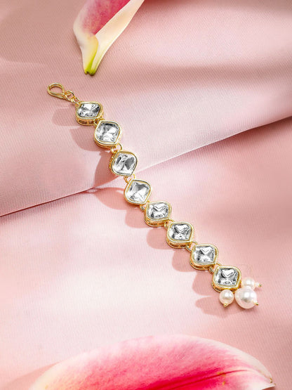 Dhiyona RJ Women's 18K Gold-Plated White Kundan-Studded Maangtika with White Pearls