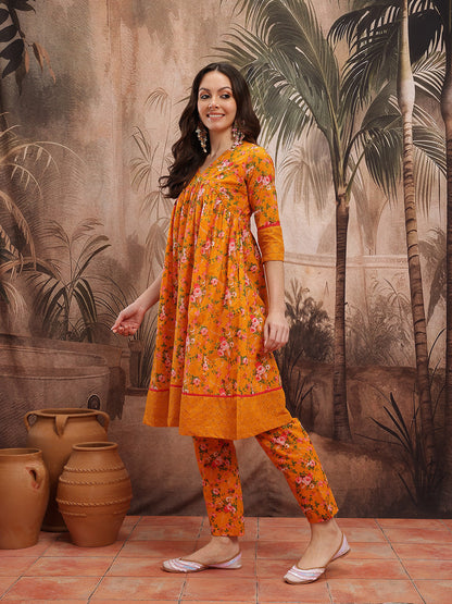 Floral Printed Empire Schiffli Cotton Kurta with Trousers
