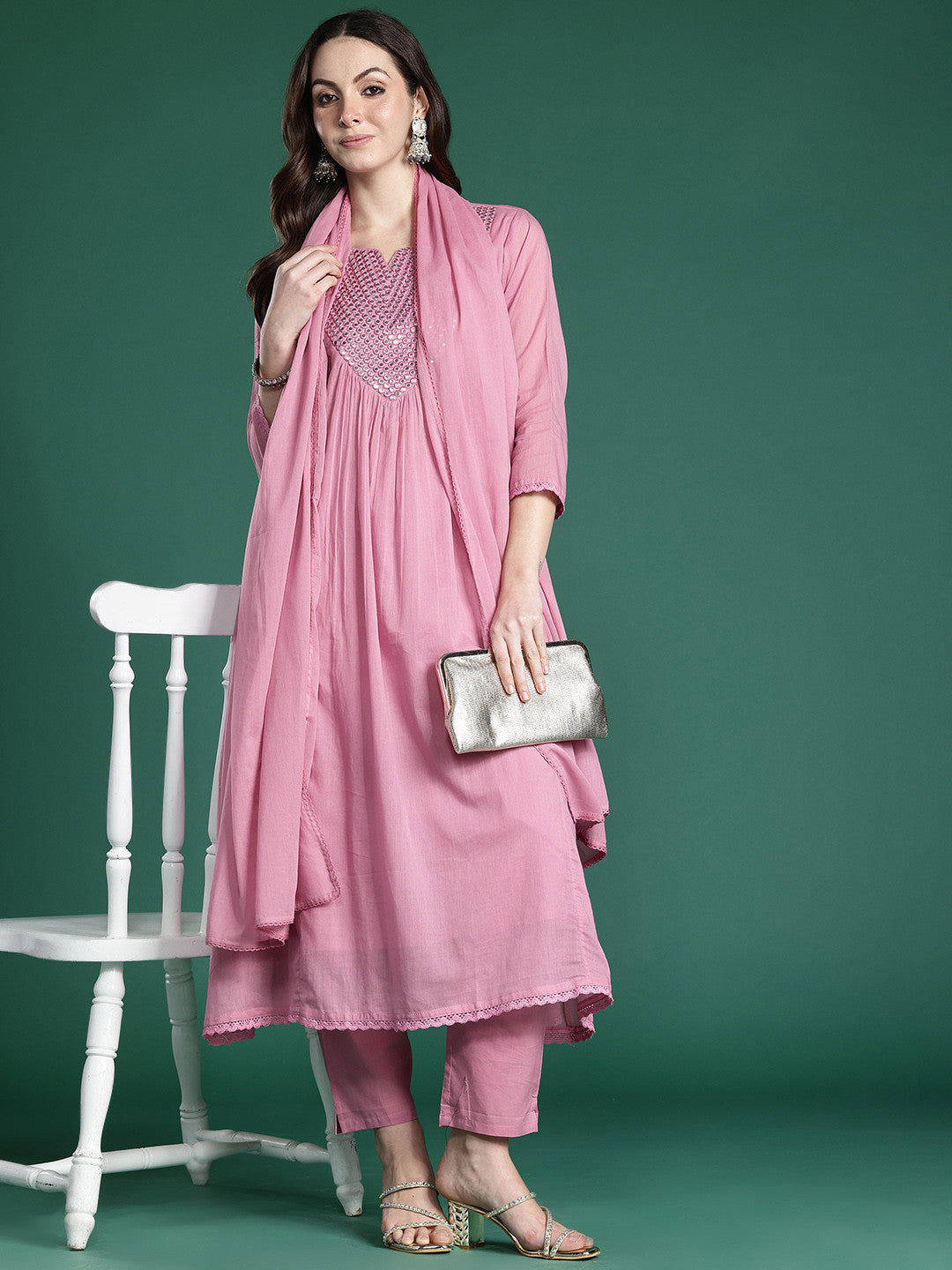 Embroidered Pure Cotton Kurta with Trousers & Dupatta
