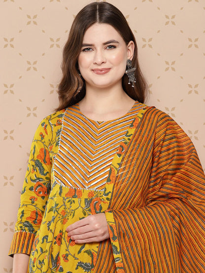 Dhiyona KL Pure Cotton Floral Printed Anarkali Gotta Patti Kurta With Trousers & With Dupatta