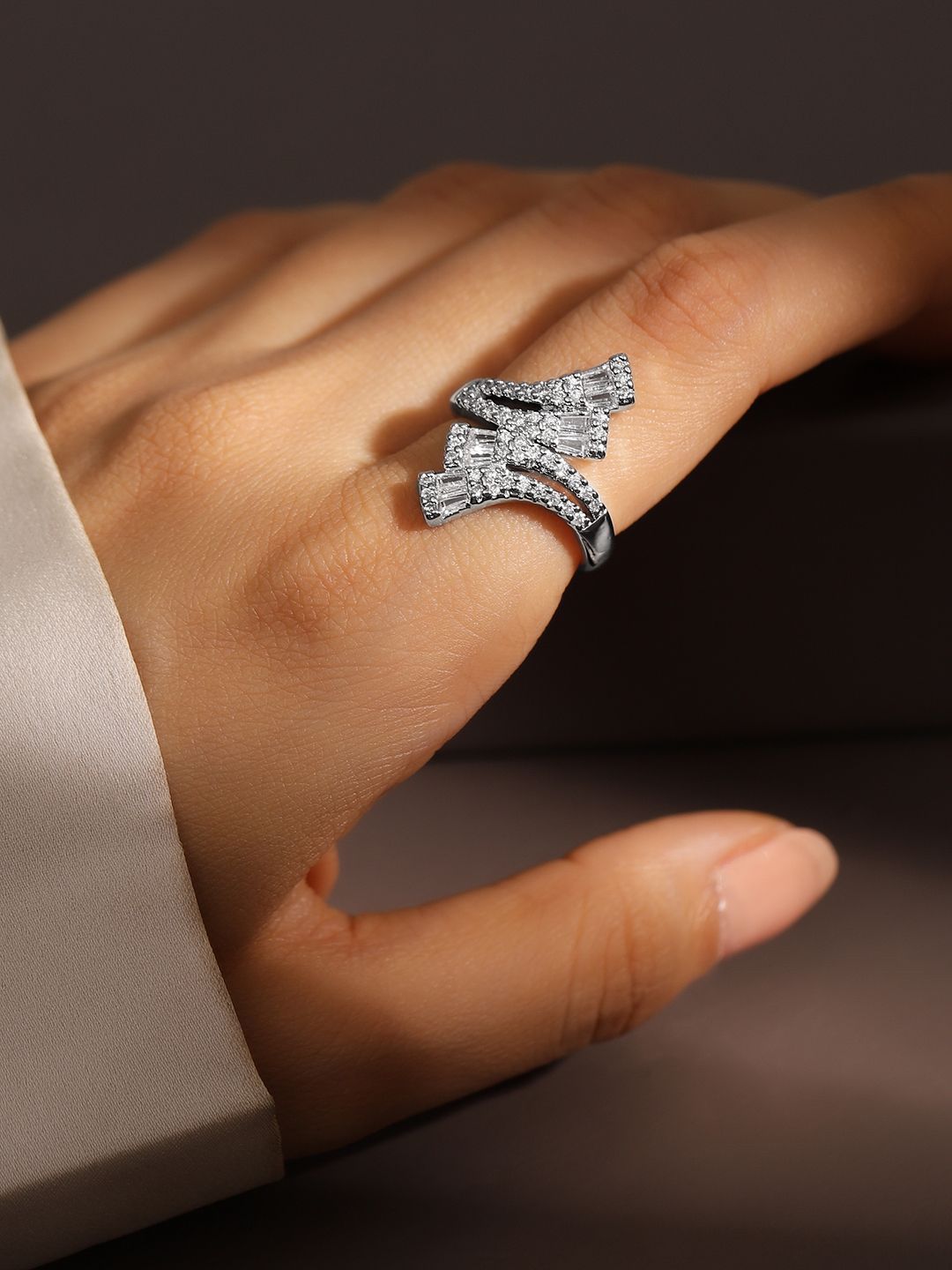 Dhiyona RJ Women's Rhodium Plated Baguette & Cubic Zirconia Studded Adjustable Openable Statement Ring