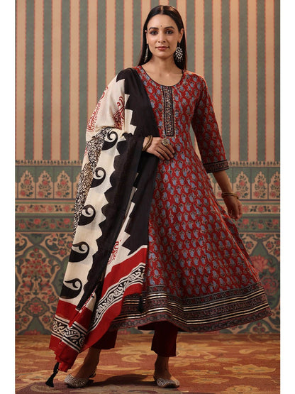 Dhiyona RR Women's Maroon Ethnic Motifs Printed Aari Work Pure Cotton Kurta with Trousers & With Dupatta