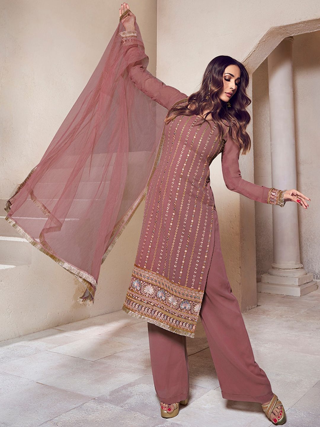 Dhiyona IN Ethnic Motifs Embroidered Regular Thread Work Kurta with Palazzos & Dupatta
