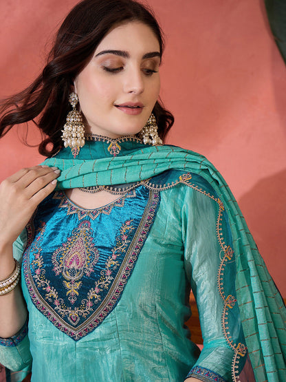 Embroidered Zari Sequence Straight Kurta With Trousers & Dupatta